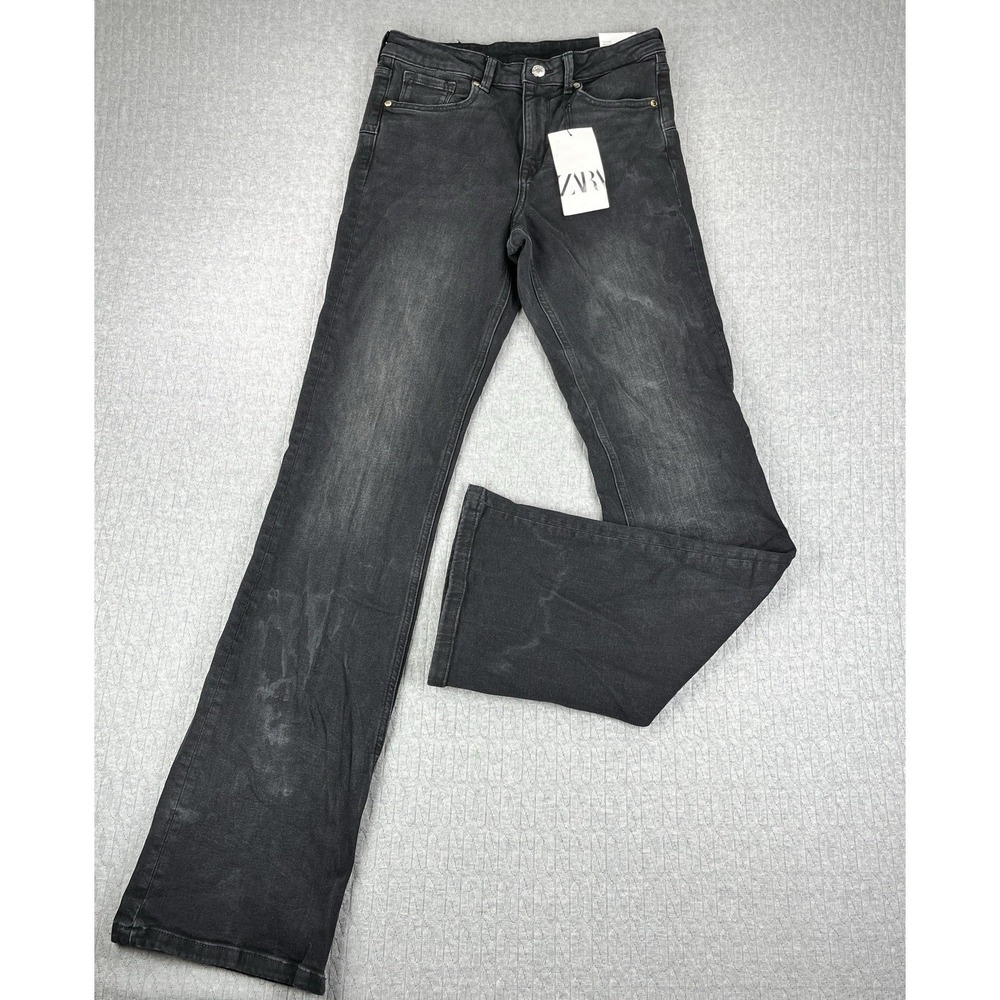 New Bootcut ZARA High Rise Flare Black Jeans Women 6/28X33 1/2 Distressed